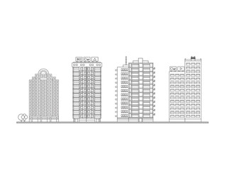 City Skyline Decorative Isolated Vector Blueprint Illustration. Skyscraper Offices Flat Business Buildings Set.