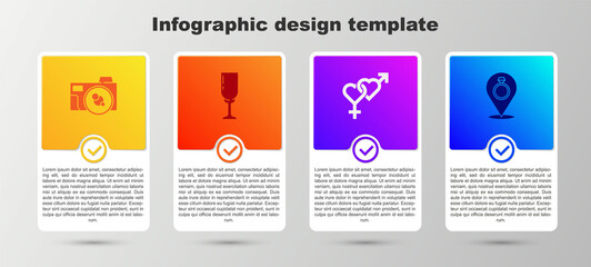 Set Photo camera, Glass of champagne, Gender and Wedding rings. Business infographic template. Vector