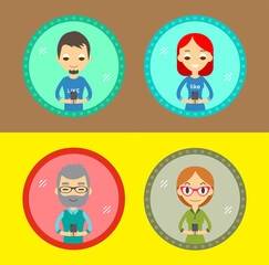 Set of Four Characters Icons with Device in the Hand. Take a selfie in the mirror with the Smartphone. Man and Woman.