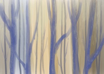 水彩風の森の絵　夕方　日光
