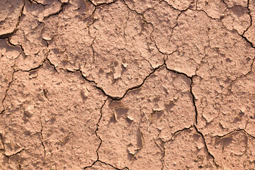 The texture of dried clay, red earth. Close-up of the soil