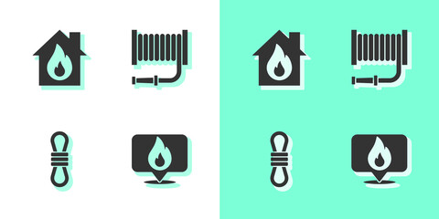 Set Location with fire flame, Fire in burning house, Climber rope and hose reel icon. Vector