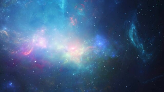 Space background. Flying through colorful nebula in blue color with stars and sun. Digital painting, tunnel, wormhole, 3D rendering