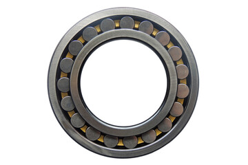 Roller bearing with brass, yellow cage close-up on a white background. Isolated.