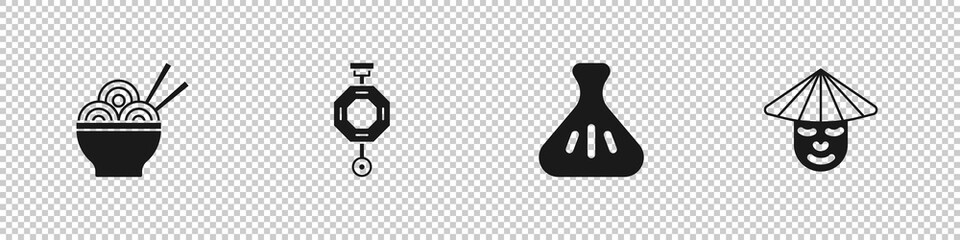 Set Asian noodles in bowl, Chinese paper lantern, Dumpling and man icon. Vector