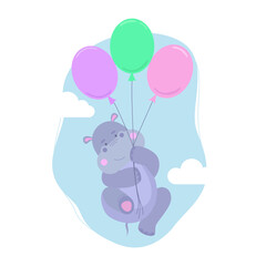 Cute hippo flies on colorful balls. Great for a children's book, cover, postcard or textile T-shirt. Vector illustration in flat cartoon style