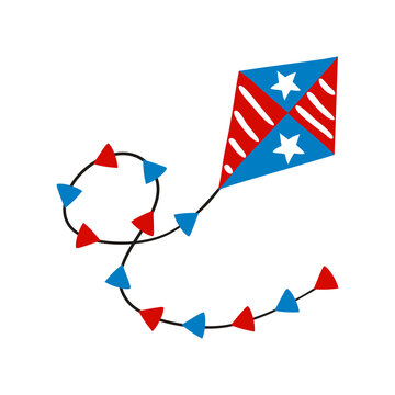 Kite by July 4th in national colors of United States of America. Object for USA Independence or Election Day. Hand drawn Vector illustration for a festive decoration in doodle style.