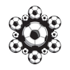 Big soccerball in an environment of small balls. The model on a football subject. The vector model with black and white elements.