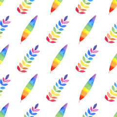 Watercolor rainbow leaves and feather seamless pattern isolated on white background. Hand painting gay pride illustration.