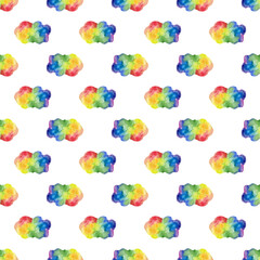 Watercolor rainbow spots and clouds seamless pattern isolated on white background. Hand painting gay pride illustration.