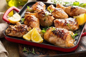 Grilled chicken thighs and drumsticks with honey glaze © fahrwasser