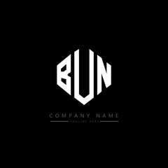 BUN letter logo design with polygon shape. BUN polygon logo monogram. BUN cube logo design. BUN hexagon vector logo template white and black colors. BUN monogram, BUN business and real estate logo. 