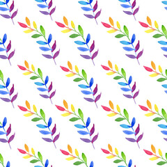 Watercolor rainbow leaves and feather seamless pattern isolated on white background. Hand painting gay pride illustration.