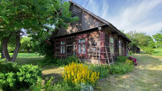 Old wooden house, a Residential village house in a forest village, Russia, Belarus
