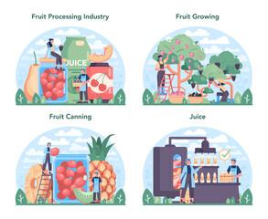 Fruit farming and processing industry set. Idea of agriculture and cultivation.