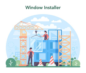 Installer concept. Worker in uniform installing windows. Professional service