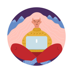 Illustration of a girl behind a laptop in the mountains.