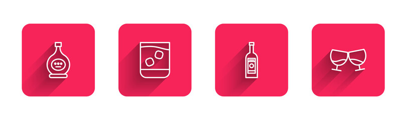 Set line Bottle of cognac or brandy, Glass whiskey, bottle vodka and with long shadow. Red square button. Vector