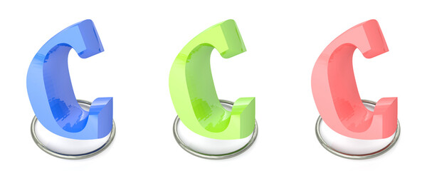 Icon set with C alphabetic letter in three different colors - 3D rendering illustration