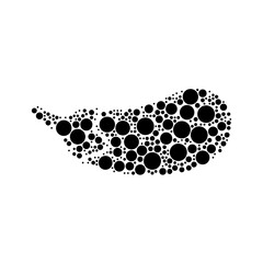 A large eggplant symbol in the center made in pointillism style. The center symbol is filled with black circles of various sizes. Vector illustration on white background