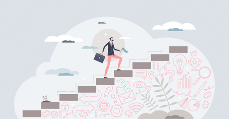Business success as leader climbing achievement steps tiny person concept. Company progress, development and performance growth with self aspiration, ambition and perseverance vector illustration.