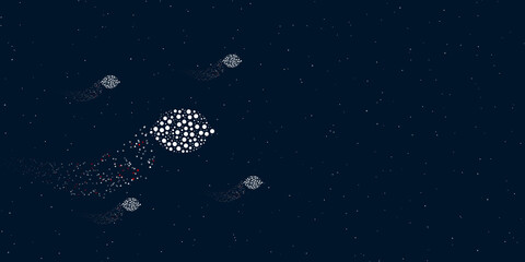 Fototapeta na wymiar A lemon symbol filled with dots flies through the stars leaving a trail behind. Four small symbols around. Empty space for text on the right. Vector illustration on dark blue background with stars