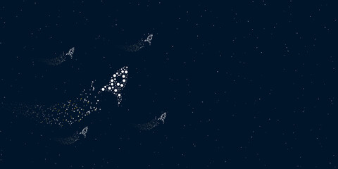 A rocket symbol filled with dots flies through the stars leaving a trail behind. Four small symbols around. Empty space for text on the right. Vector illustration on dark blue background with stars