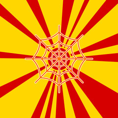 Spider web symbol on a background of red flash explosion radial lines. The large orange symbol is located in the center of the sun, symbolizing the sunrise. Vector illustration on yellow background