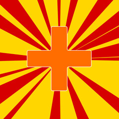Plus symbol on a background of red flash explosion radial lines. The large orange symbol is located in the center of the sun, symbolizing the sunrise. Vector illustration on yellow background