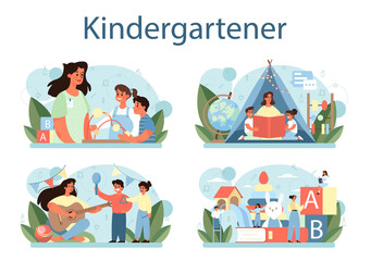 Kindergartener set. Professional nany and children doing different activities.