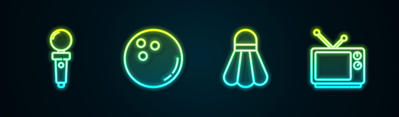 Set line Joystick for arcade machine, Bowling ball, Badminton shuttlecock and Retro tv. Glowing neon icon. Vector