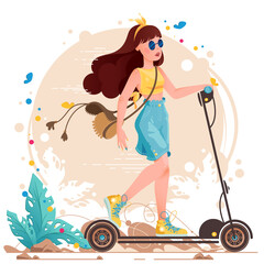Kolorowa ilustracja, młoda dziewczyna jadąca na hulajnodze w letnim stroju. Lato w mieście.