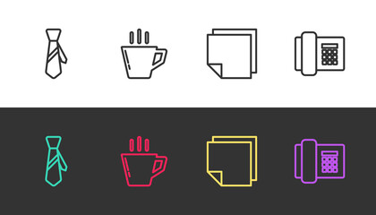 Set line Tie, Coffee cup, Post note stickers and Telephone on black and white. Vector