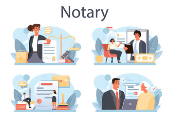 Notary service concept set. Professional lawyer signing and legalizing - obrazy, fototapety, plakaty