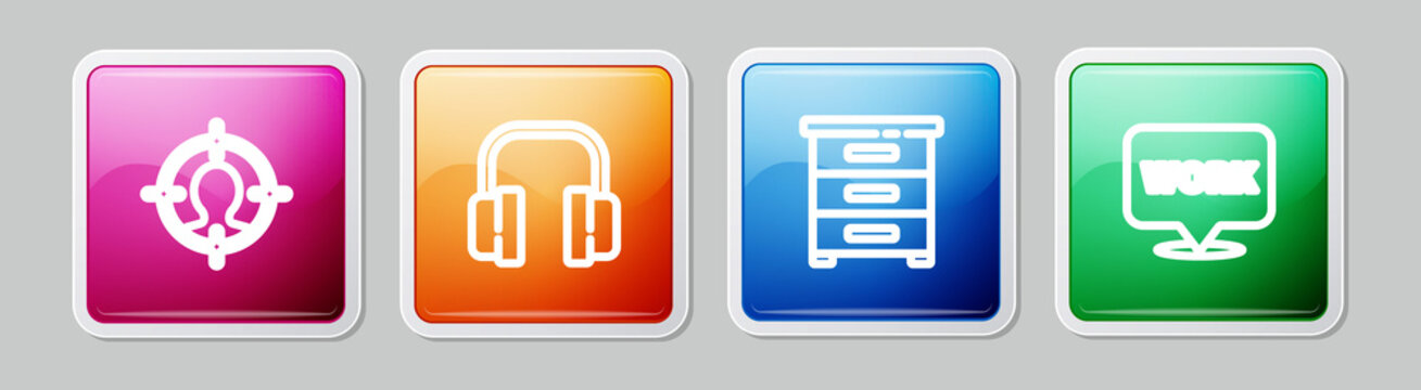 Set line Head hunting concept, Headphones, Drawer with documents and Location text work. Colorful square button. Vector
