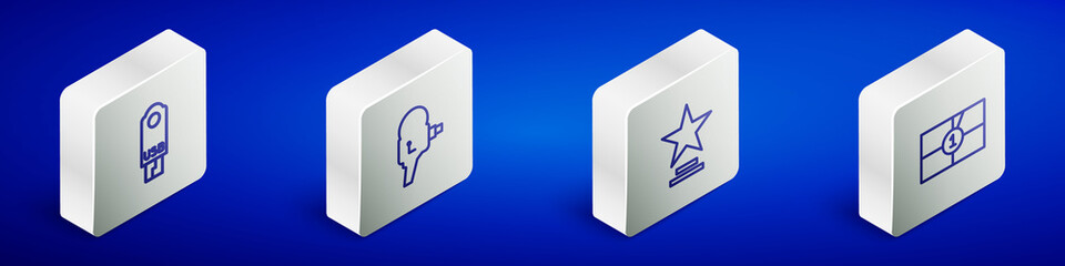 Set Isometric line USB flash drive, Retro cinema camera, Movie trophy and Old film movie countdown frame icon. Vector