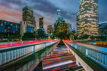 Los Angeles skyline and freeway traffic