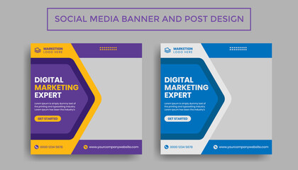 Business marketing banner for social media post template. Digital modern web banner with blue background and abstract yellow shape. Usable for social media, flyers, and websites