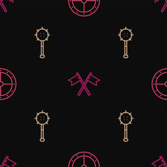 Set line Round wooden shield, Medieval chained mace ball and Crossed medieval flag on seamless pattern. Vector