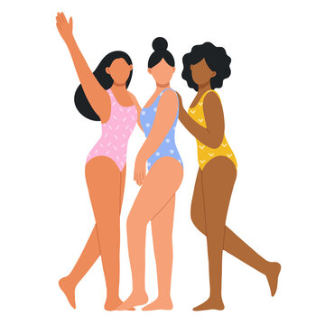 Happy young girls posing in bathing suits. Summer vacation, rest, relaxation and recreation. Sunbathing on the beach, swimming in the sea. Flat vector illustration.