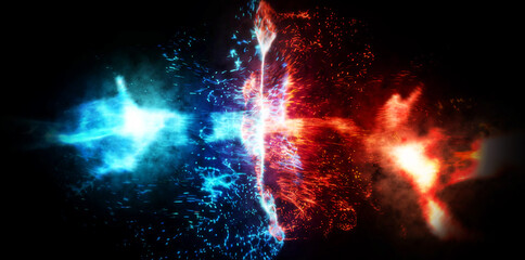 Obraz na płótnie Canvas 青と赤の炎の衝突。バトル背景。