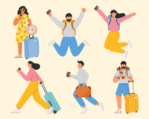 Collection of traveling people. Men and women traveling with suitcases and backpacks. The concept of summer vacation, recreation and tourism. Flat vector illustration.