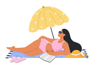 Beautiful woman relaxing on the beach. Female lying under an umbrella with sunglasses and bathing suit. Summer vacation, rest and relaxation. Flat vector illustration.