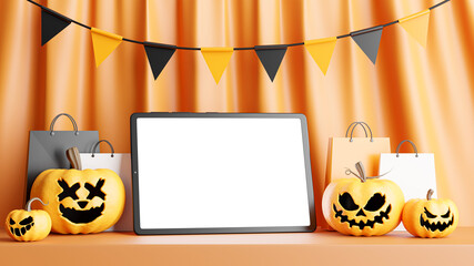 ablet with halloween shopping concept for product display