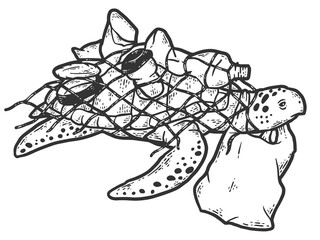 Turtle in net with plastic bottles, concept cleanliness. Sketch scratch board imitation coloring.