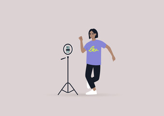 A young female character recording a dancing challenge video with their mobile phone on a tripod, modern gen z lifestyle