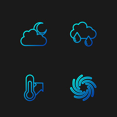 Set line Tornado, Meteorology thermometer, Cloud with moon and rain. Gradient color icons. Vector