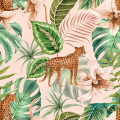 seamless pattern with watercolor illustrations animals leopards in tropical plants and flowers, hand painted on light background