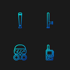 Set line Walkie talkie, Gas mask, Police rubber baton and . Gradient color icons. Vector