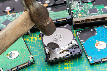 Destruction, deleting of data, information on a hard disk drive with hammer